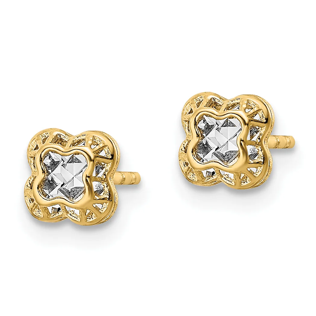 Pair of gold stud earrings with ornate four-lobed frames surrounding square white stones, shown from the front against a white background.
