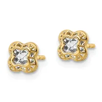 Pair of gold stud earrings with ornate four-lobed frames surrounding square white stones, shown from the front against a white background.