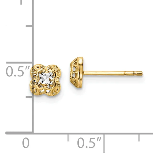 A pair of gold stud earrings with ornate four-loaf clover frames containing white gemstones, shown against a measurement scale indicating approximately half an inch in size.
