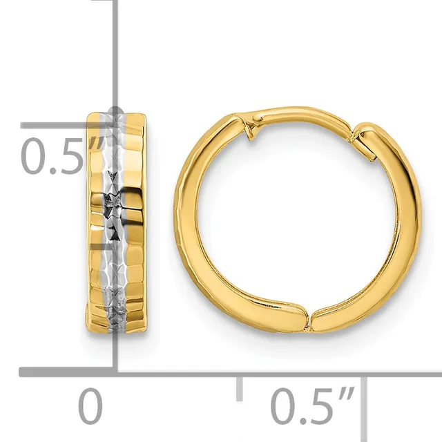 A pair of gold hoop earrings with a ridged texture band, shown from front and side views with measurement scale indicating approximately 0.5 inches in diameter.