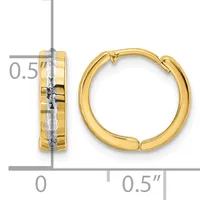 A pair of gold hoop earrings with a ridged texture band, shown from front and side views with measurement scale indicating approximately 0.5 inches in diameter.