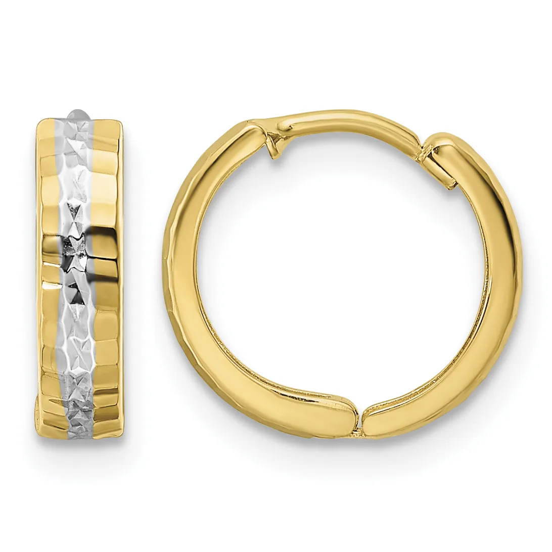 A pair of gold hoop earrings with a two-tone design featuring a polished yellow gold outer surface and a textured white gold center stripe, shown from the front and side.