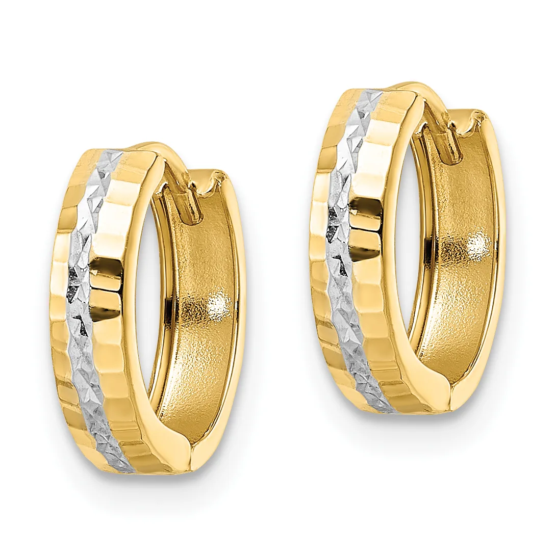 A pair of gold hoop earrings with polished yellow gold outer surfaces and textured white gold diamond-cut stripe details running down the center of each hoop.