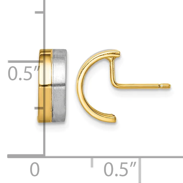 Two-tone gold and silver hoop earrings with a curved rectangular shape, shown front and side view against a measurement scale.