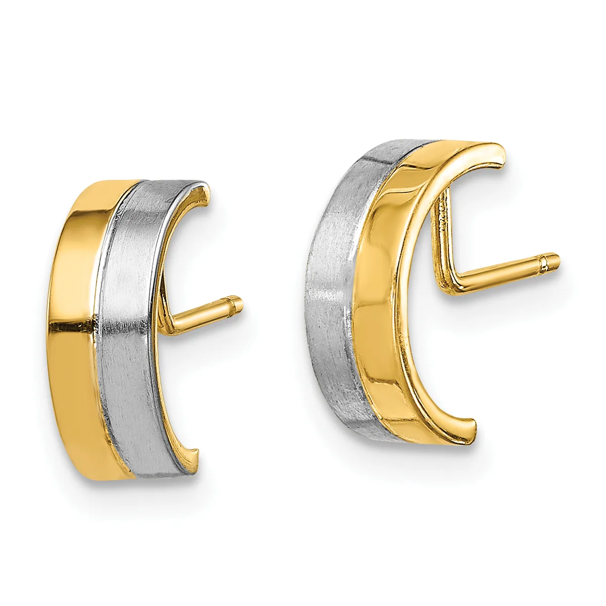 A pair of two-tone hoop earrings with polished yellow gold and brushed white gold sections, featuring post and clutch backs.