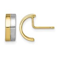 Pair of two-tone gold and silver curved hoop earrings with posts, shown from front and side views.