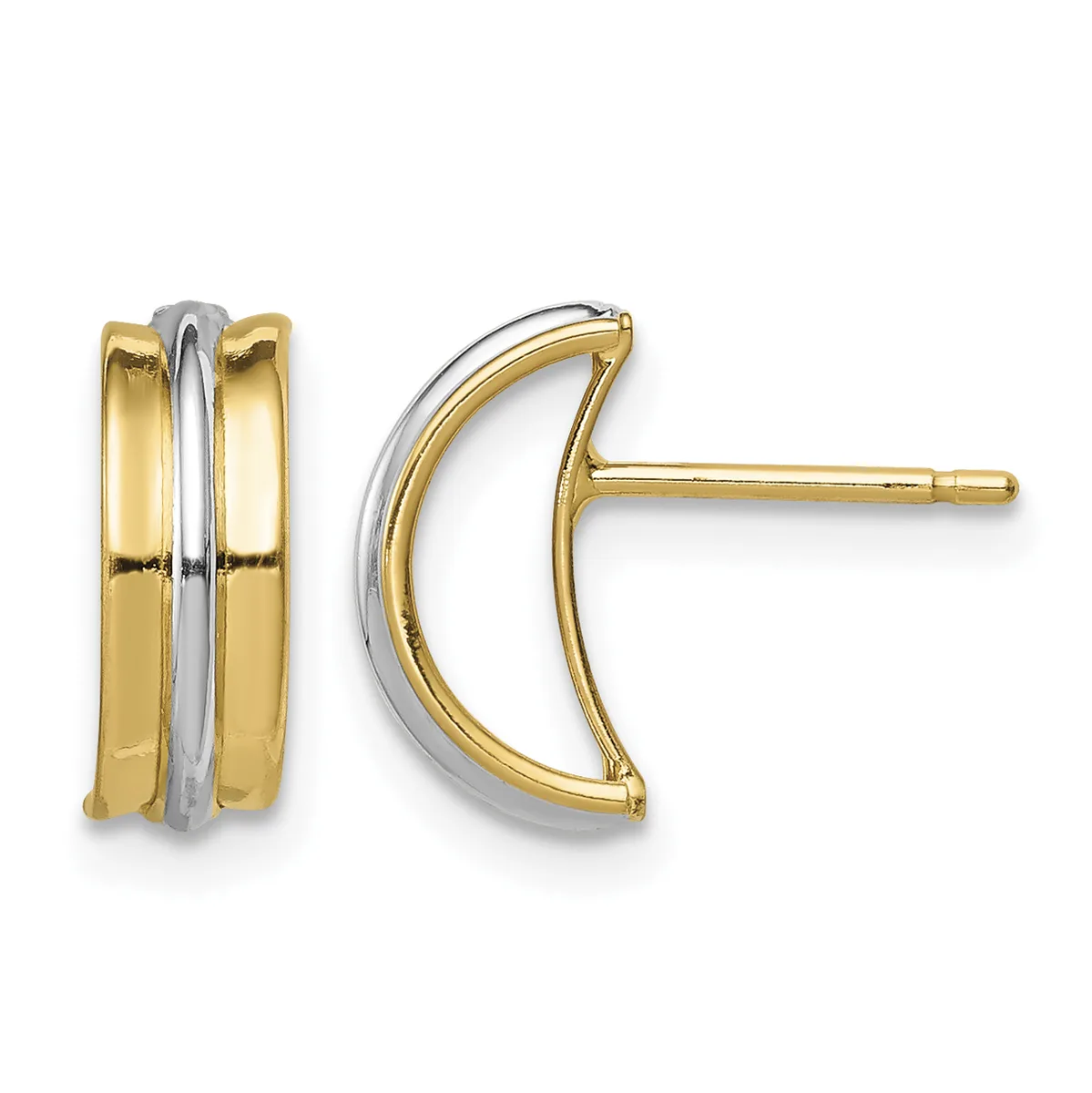 A pair of two-tone gold stud earrings with polished yellow gold curved bands accented by white gold grooves down the center, shown from front and side views.