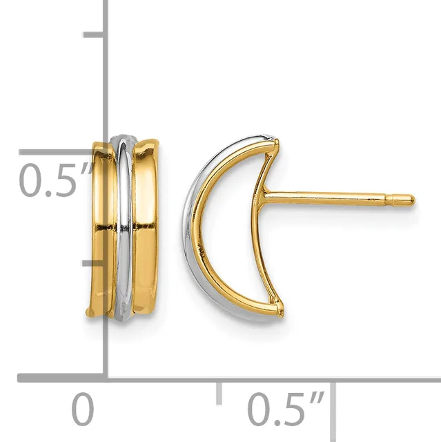 Two-tone gold and silver curved hoop earrings with stud posts, shown with a measurement scale indicating approximately 0.5 inches in height.