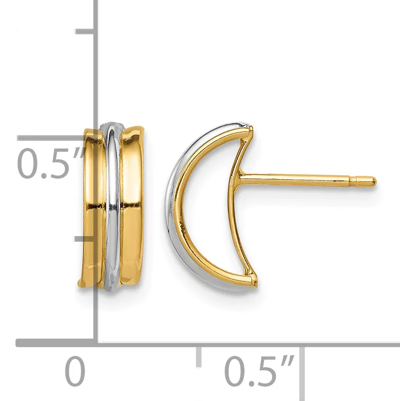 Two-tone gold and silver curved hoop earrings with stud posts, shown with a measurement scale indicating approximately 0.5 inches in height.