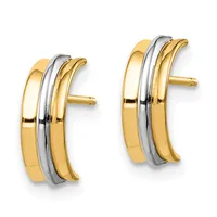 Pair of two-tone gold and silver chunky curved hoop earrings with post and clutch backs, shown from the front.