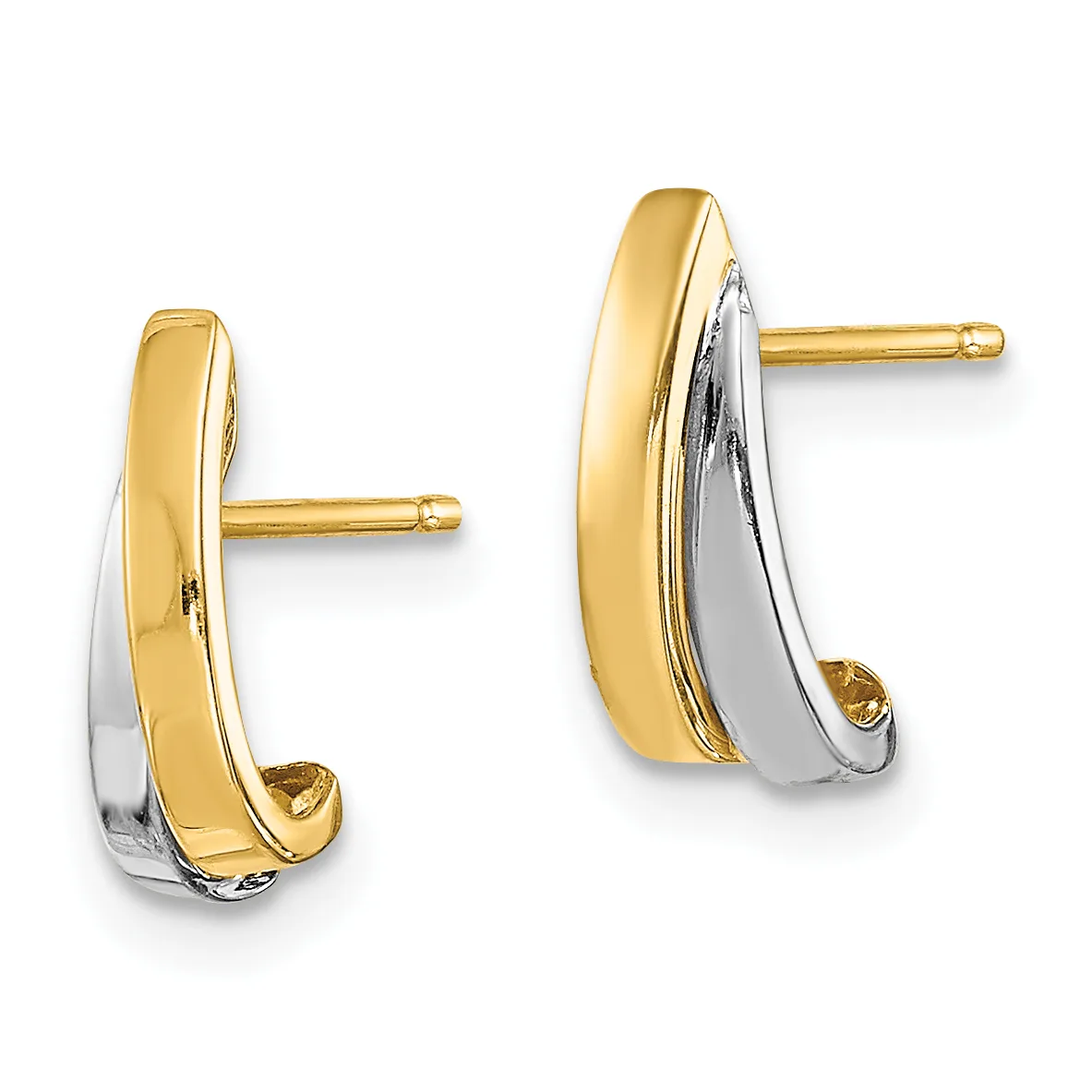Two-tone gold and silver curved J-shaped stud earrings with polished finish and gold posts, shown as a pair from front and side views.