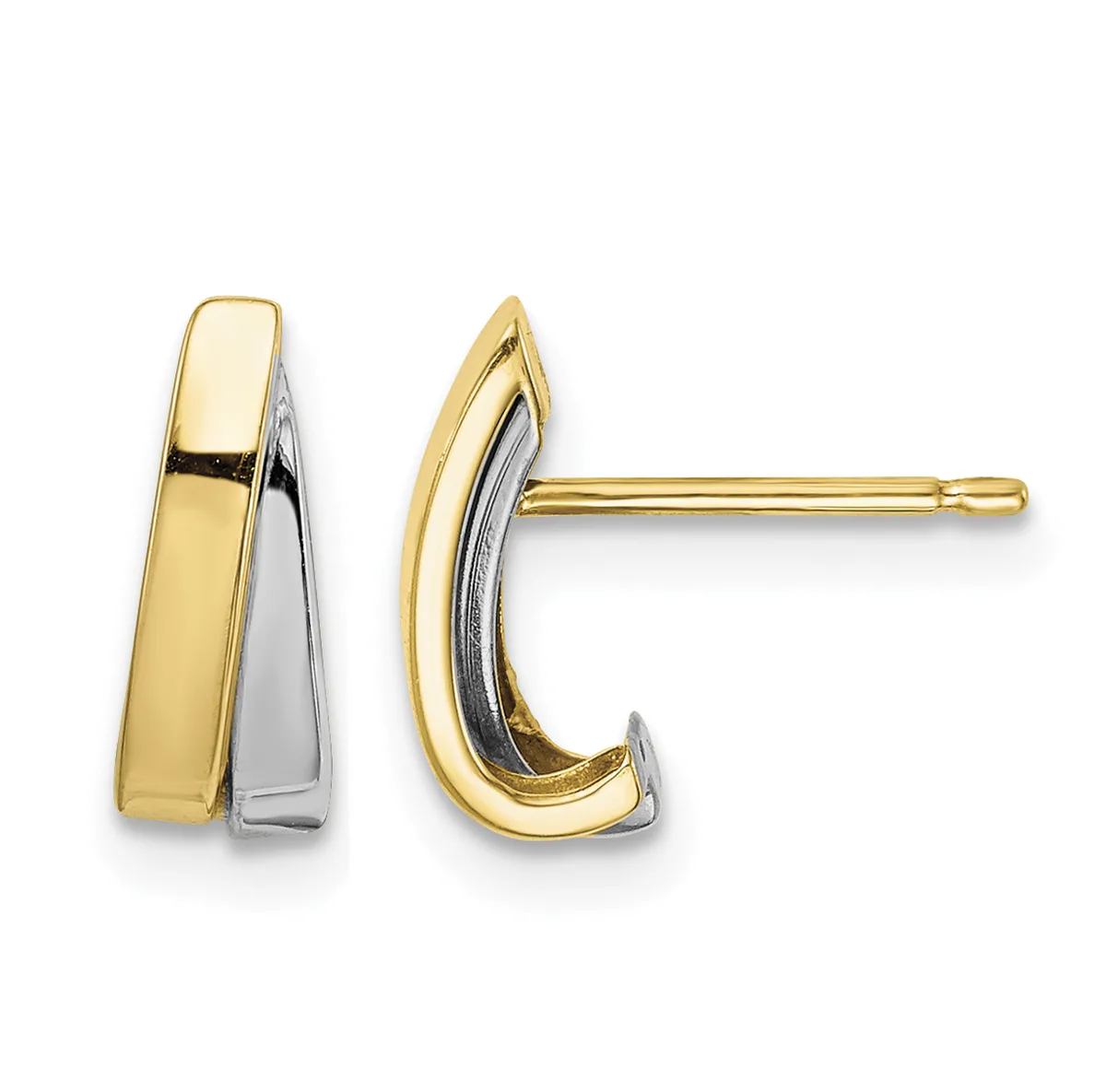 Pair of two-tone gold and silver curved J-shaped stud earrings with polished finish, shown from front and side angles.