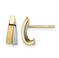 Pair of two-tone gold and silver curved J-shaped stud earrings with polished finish, shown from front and side angles.