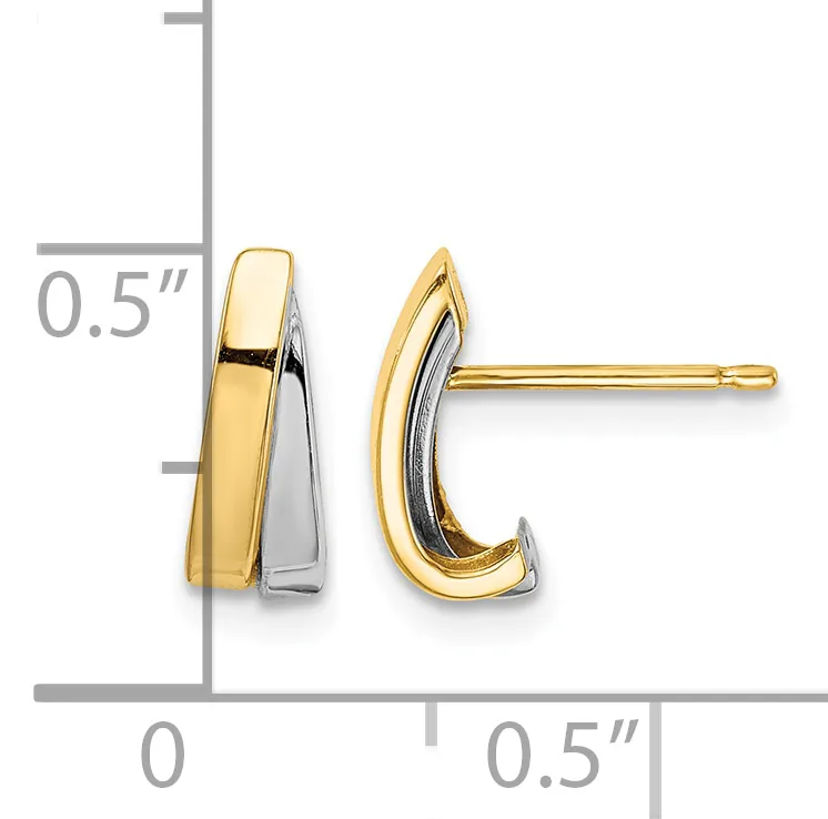Two-tone gold curved hoop earrings with yellow gold outer surface and white gold inner surface, shown at actual size with measurement scale indicating approximately 0.5 inches in length.