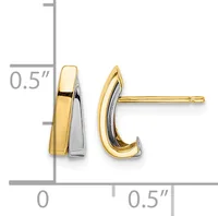 Two-tone gold curved hoop earrings with yellow gold outer surface and white gold inner surface, shown at actual size with measurement scale indicating approximately 0.5 inches in length.