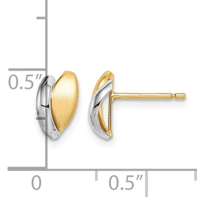 Two-tone gold and silver oval stud earrings with a brushed finish, shown front and side view with a measurement scale indicating approximately 0.5 inches in size.