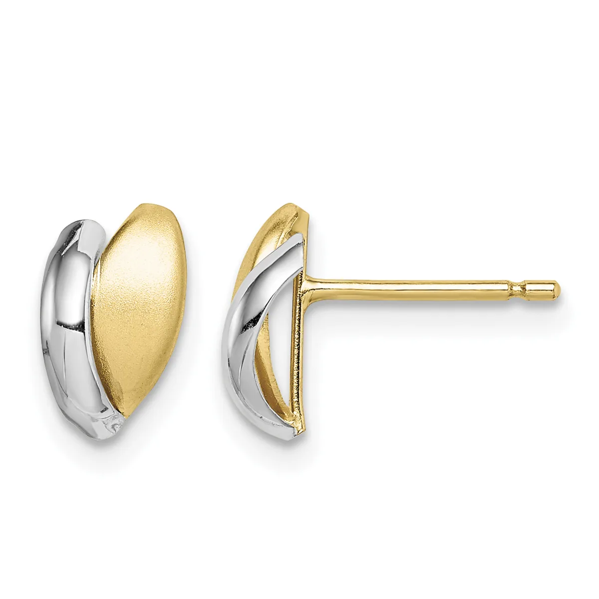 A pair of two-tone gold stud earrings with polished yellow gold oval faces and white gold curved side accents, shown from front and side views.