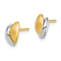 A pair of two-tone stud earrings with gold and silver curved elements, displayed against a white background.