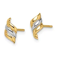 Pair of two-tone gold and silver twisted leaf-shaped stud earrings with posts and backs displayed against a white background.