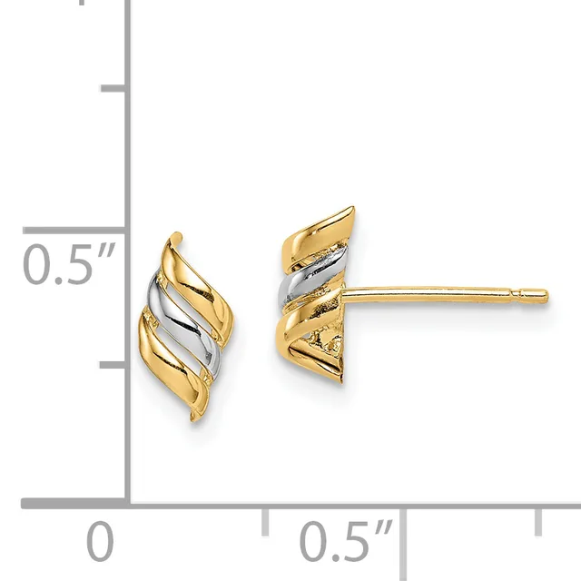 Two-tone gold stud earrings with twisted ribbon design featuring yellow gold outer sections and white gold diagonal stripes, shown next to a measurement scale.