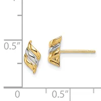 Two-tone gold stud earrings with twisted ribbon design featuring yellow gold outer sections and white gold diagonal stripes, shown next to a measurement scale.