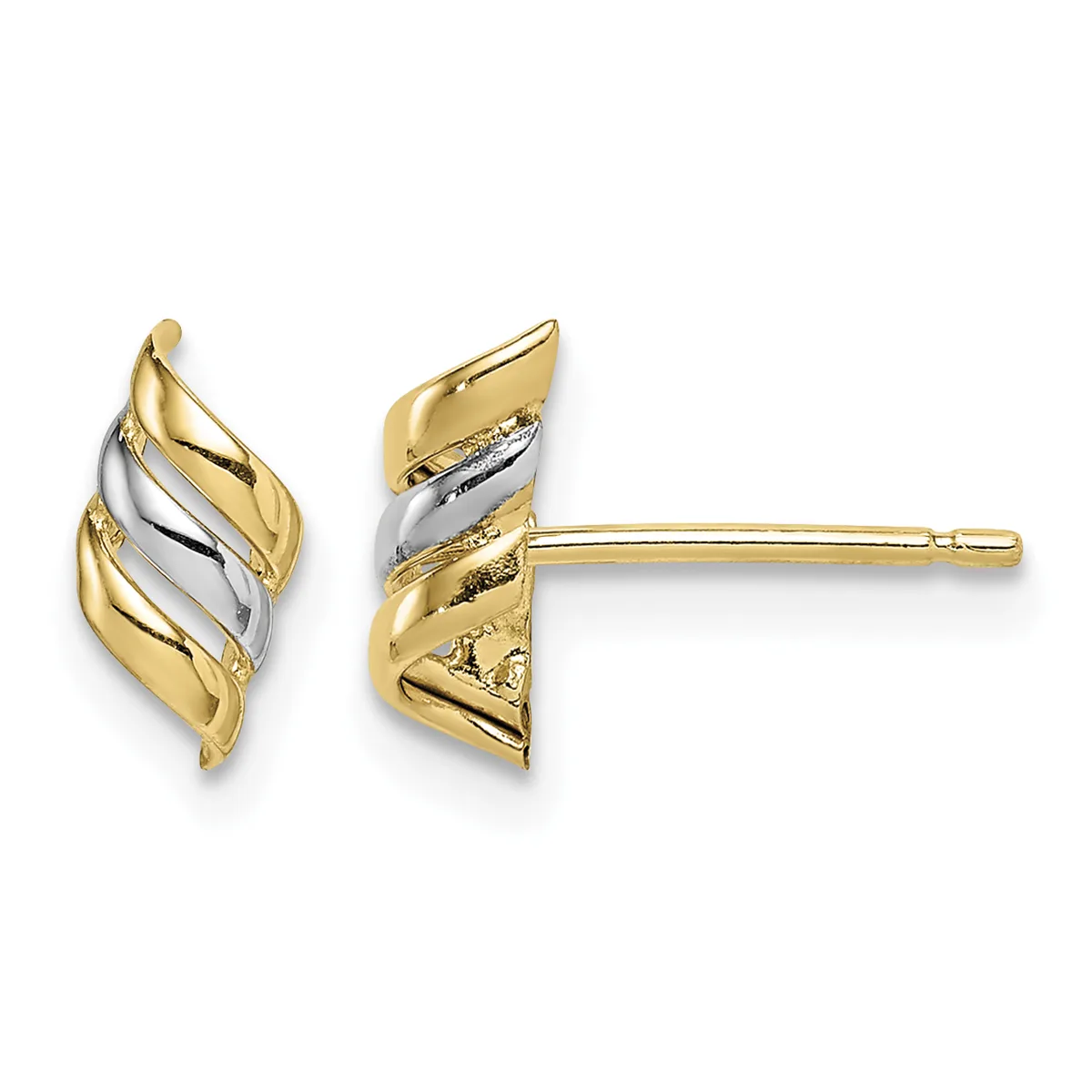 Pair of two-tone gold stud earrings with twisted ribbons of yellow and white gold, shown from front and side views.