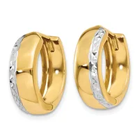 A pair of gold hoop earrings with polished yellow gold bodies and textured white gold accents along the sides, shown from the front.