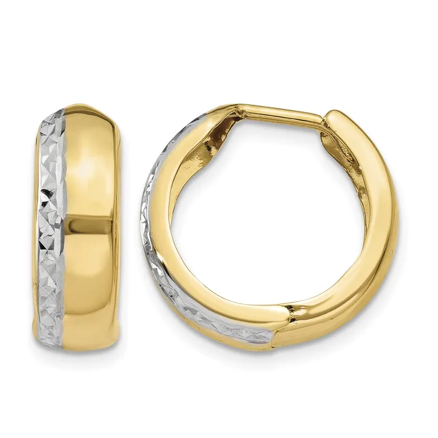 Pair of two-tone gold hoop earrings with textured white gold inlay on the outer surface and polished yellow gold bodies, shown from front and side angles.