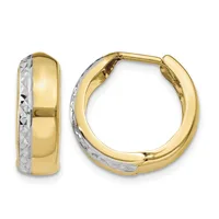 Pair of two-tone gold hoop earrings with textured white gold inlay on the outer surface and polished yellow gold bodies, shown from front and side angles.