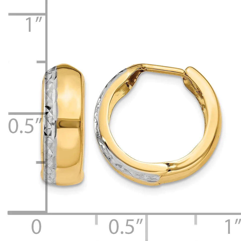Two-tone gold hoop earrings with polished yellow gold and textured white gold sections, shown front and side view with measurement scale.