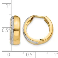 Two-tone gold hoop earrings with polished yellow gold and textured white gold sections, shown front and side view with measurement scale.