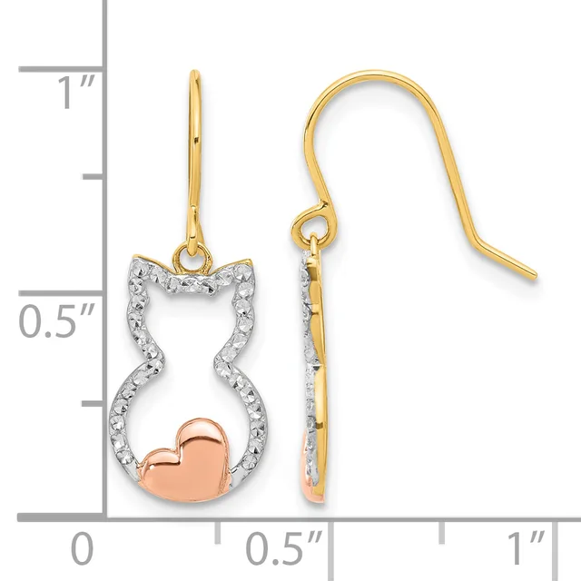 Two-tone gold cat-shaped dangle earrings with diamond accents and rose gold heart details, shown with measurement scale.
