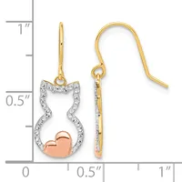 Two-tone gold cat-shaped dangle earrings with diamond accents and rose gold heart details, shown with measurement scale.