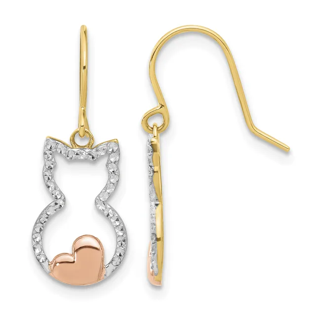 Two-tone cat-shaped dangle earrings with diamond-textured silver outline, rose gold heart at bottom, and gold ear wires shown front and side view.