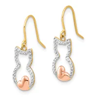 Pair of gold fish-shaped dangle earrings with diamond-patterned silver outline and rose gold heart accent at the bottom, suspended from gold curved ear wires.