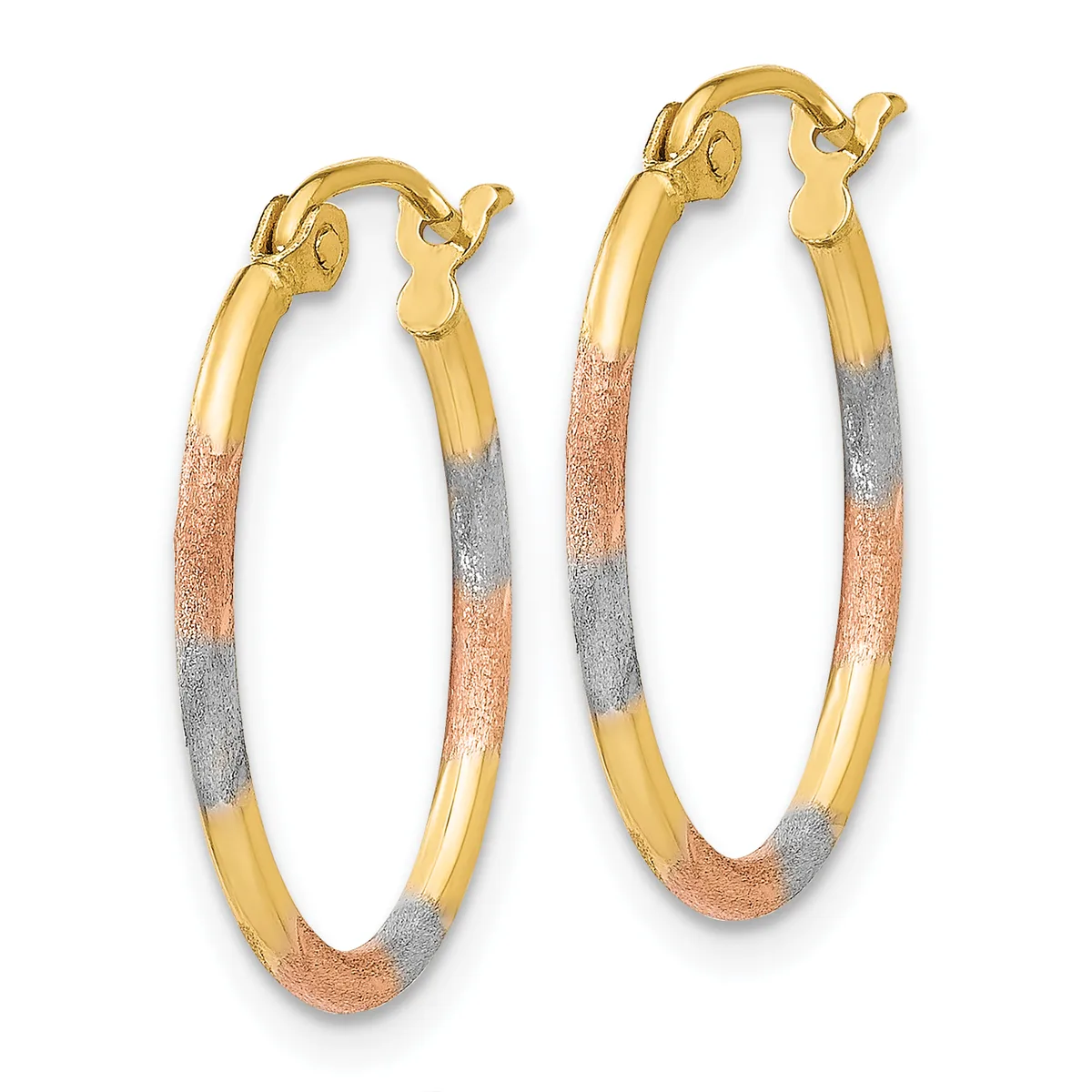 A pair of gold hoop earrings with textured sections in rose and white gold, featuring gold lever-back closures.