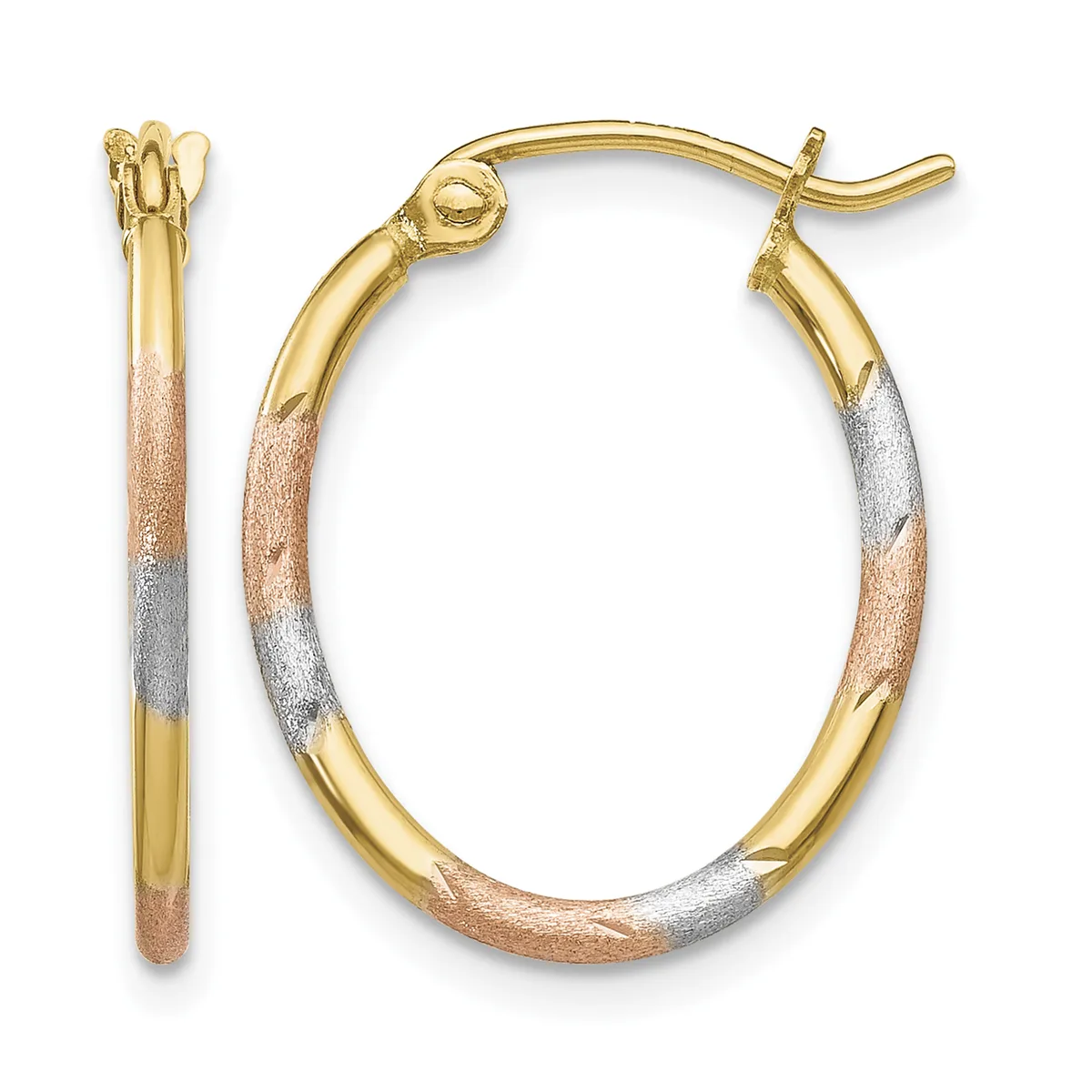 Pair of tricolor gold hoop earrings with yellow, rose, and white gold sections and post and clutch closures.