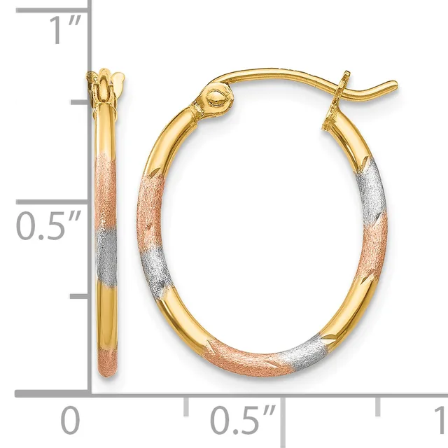 Pair of tri-color gold hoop earrings with textured surface in yellow, rose, and white gold, measuring approximately one inch in length with hinged backs.