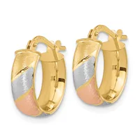 A pair of tricolor gold hoop earrings with textured yellow, white, and rose gold sections, featuring hinged closure posts.