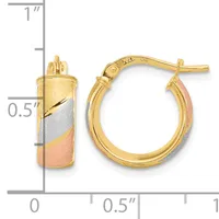 Pair of tri-color gold hoop earrings with yellow, white, and rose gold striped cylinders, shown with a measurement scale indicating approximately one inch in height.