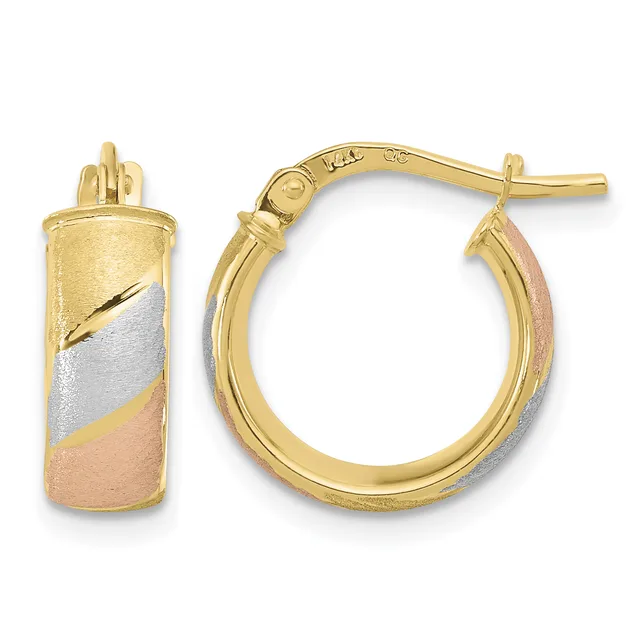 A pair of tricolor gold hoop earrings with yellow, white, and rose gold striping and a brushed finish, shown from front and side views.