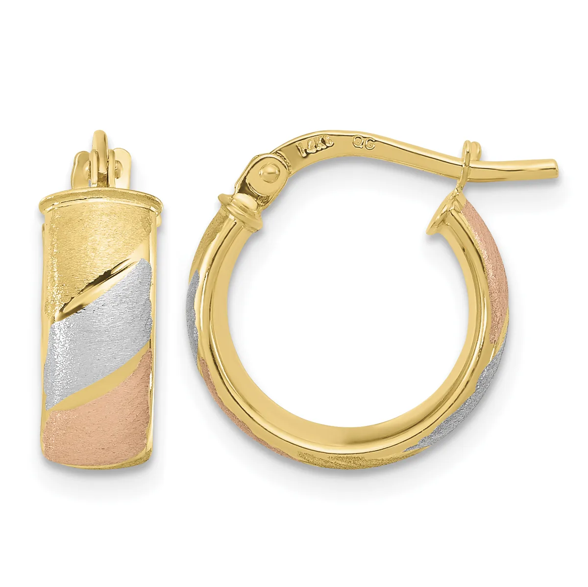 A pair of tricolor gold hoop earrings with yellow, white, and rose gold striping and a brushed finish, shown from front and side views.