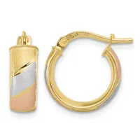 A pair of tricolor gold hoop earrings with yellow, white, and rose gold striping and a brushed finish, shown from front and side views.
