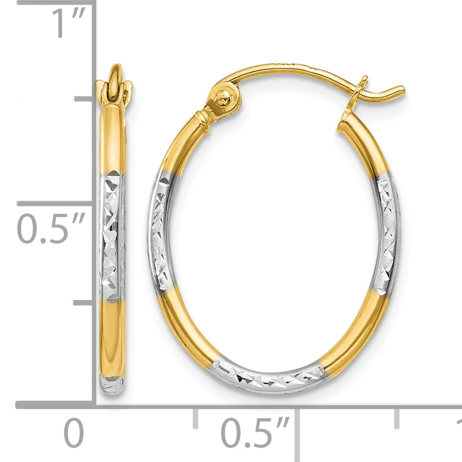Two-tone gold hoop earrings with textured white gold centers and polished yellow gold tops and bottoms, shown with a measurement scale indicating approximately one inch in length.