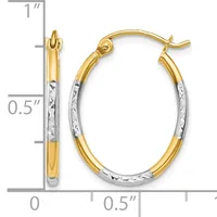 Two-tone gold hoop earrings with textured white gold centers and polished yellow gold tops and bottoms, shown with a measurement scale indicating approximately one inch in length.