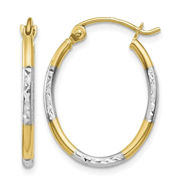 A pair of two-tone gold hoop earrings with textured white gold centers and polished yellow gold edges, shown from front and side views.