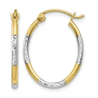 A pair of two-tone gold hoop earrings with textured white gold centers and polished yellow gold edges, shown from front and side views.
