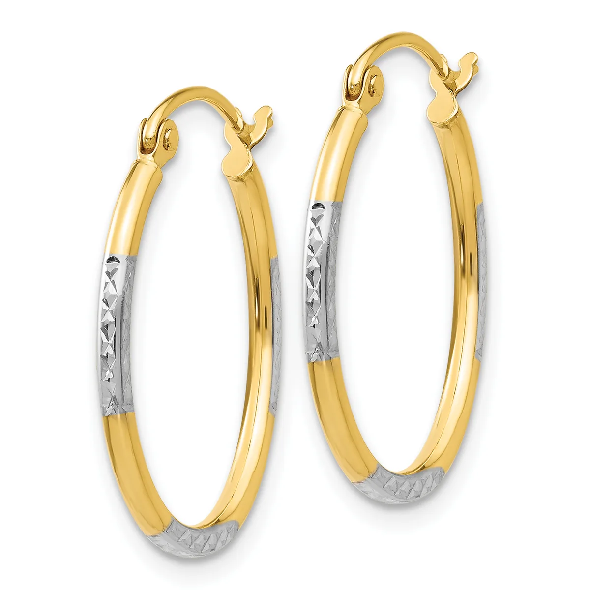 Pair of two-tone gold hoop earrings with textured white gold sections at the bottom and polished yellow gold upper portions, featuring hinged closures.