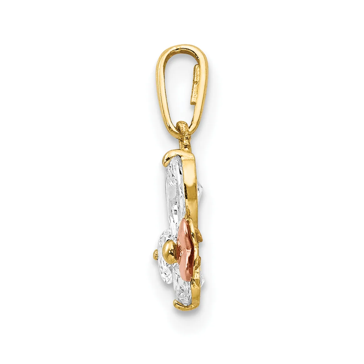 A gold and silver tricolor pendant with a carabiner-style bail, featuring textured surfaces and a small hallmark on the side.