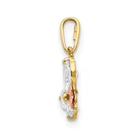 A gold and silver tricolor pendant with a carabiner-style bail, featuring textured surfaces and a small hallmark on the side.